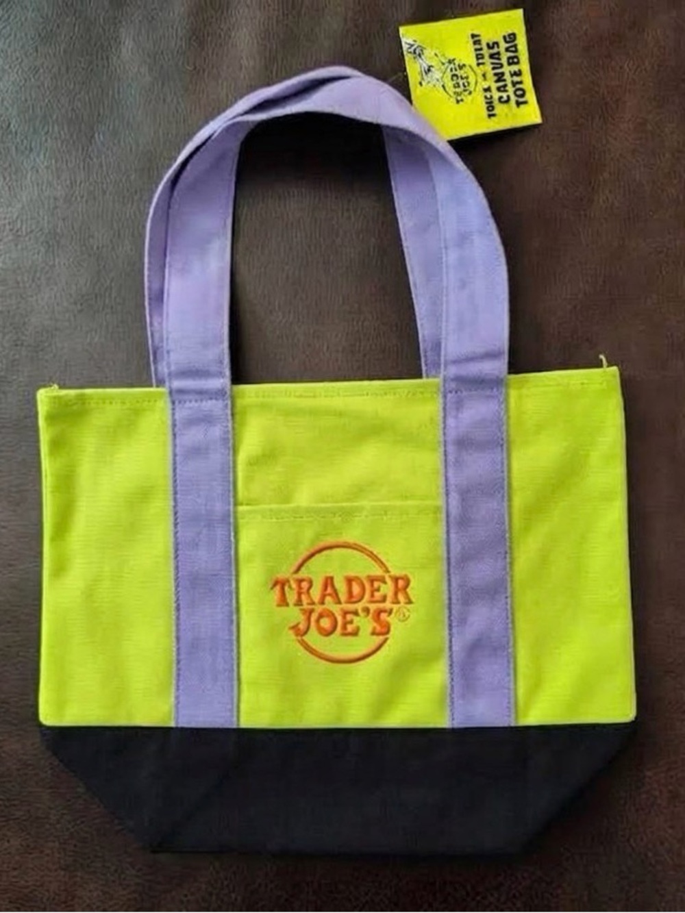 Trader Joe's Lime Green Tote with Lavender Handles